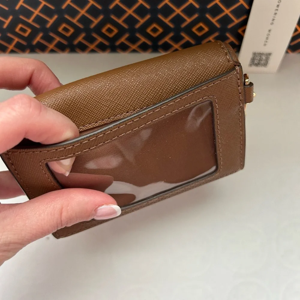 Tory Burch Emerson Flap Card Case Wallet Moose Tan Brown Gold